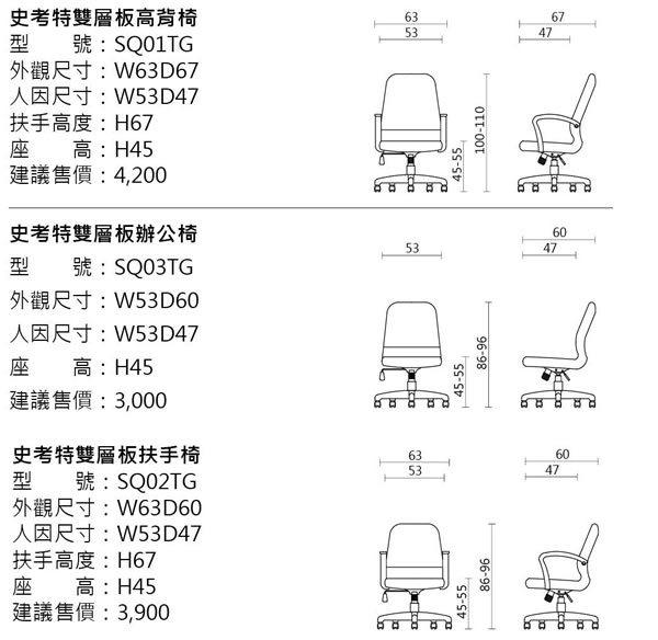 SQ03TG  史考特雙層板辦公椅