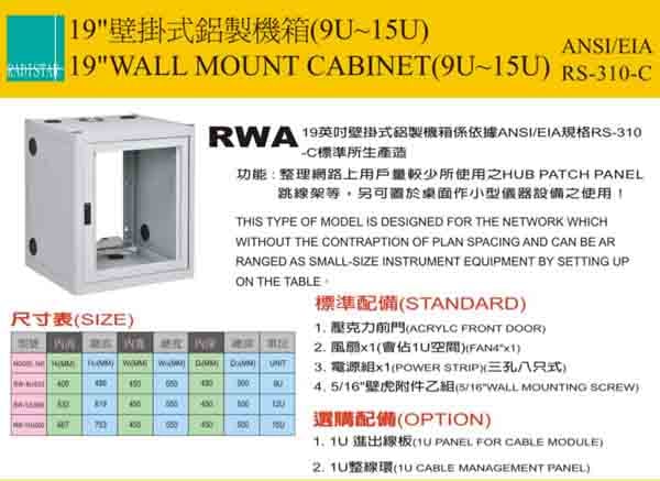 （圖像） RWA-9U~15U 19”鋁製壁掛式機箱(深度50公分)