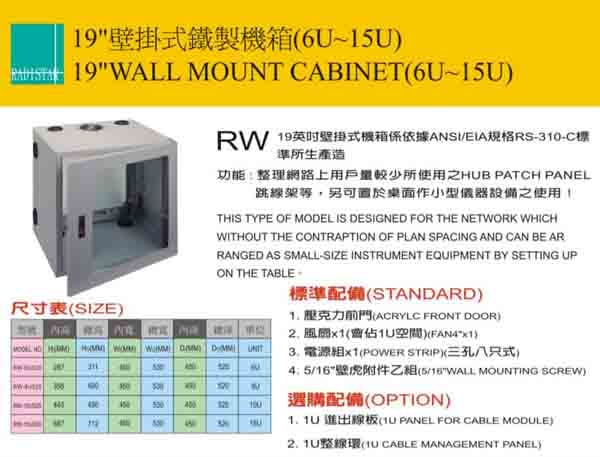 （圖像） RW-6U~15U 19”鋼製壁掛式機箱(深度52公分)